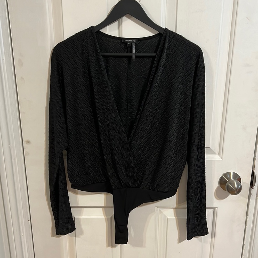 Dynamite bodysuit/dress shirt in shiny black